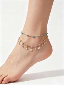 2 piezas/Set Popular Versátil Tobillera de Mariposa con Cuentas de Vidrio y Strass Artificial Brillante para Mujeres, Adecuada para Vacaciones en la Playa - Multicolor - Ver 7