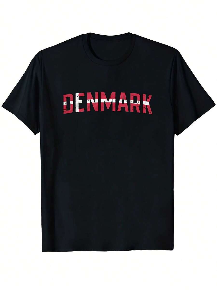 Men's Denmark Viking Heritage T-Shirt With Danish Flag Design - 100% Black With Red "Denmark" Lettering And Viking Ship Motif - Lightweight And Breathable - Black - View 1