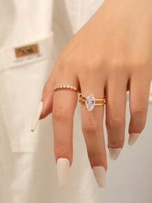 2pcs/Set Commuter Versatile Gold-Plated Horse Eye Zirconia Double Layer Plain Band Engagement Rings For Women, Wedding, Party, Vacation, Gift Accessory - Yellow Gold - View 1