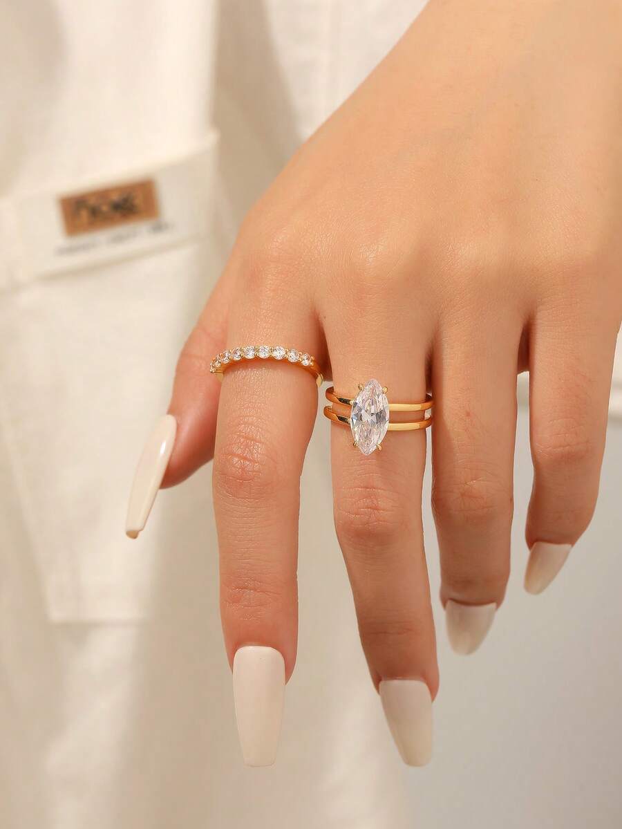 2pcs/Set Commuter Versatile Gold-Plated Horse Eye Zirconia Double Layer Plain Band Engagement Rings For Women, Wedding, Party, Vacation, Gift Accessory - Yellow Gold - View 1