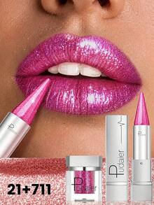 Pudaier Metal Pointed Lipstick & Glitter Sequins Set - Precise Lip Contouring, Smooth Application, Create Charming Lip Makeup, Suitable For Daily And Party Looks, Ideal Gift For Women - 21+709 - View 3