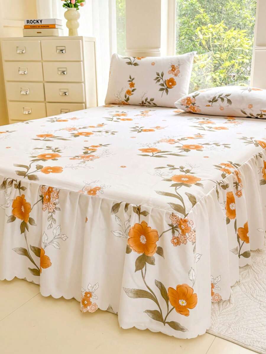 3pcs (1 Bed Skirt, 2 Pillowcases) Floral, Botanical, Striped, Plaid Pattern Printed Ruffle Bed Skirt Full Coverage Dust Cover With Skirt Hem And Pillowcases, Soft And Breathable Bedding Set With Elastic Waistband, Bohemian Style, Soft And Skin-Friendly, Suitable For Bedroom Use
