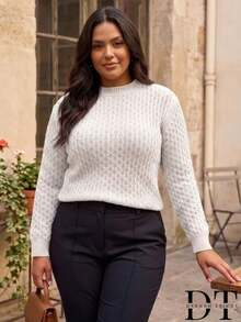 Women's Honeycomb Knit Sweater, Long Sleeve, Round Neck, Ribbed Cuffs, Winter Knit - 白色 - 查看 1