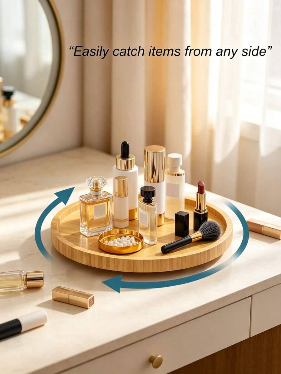 Khay xoay lưu trữ bằng tre, giá đựng gia vị nhà bếp, khay tổ chức đồ ăn vặt/mỹ phẩm phòng khách, khay xoay chống trượt, vật dụng thiết yếu cho gia đình - Xem 1