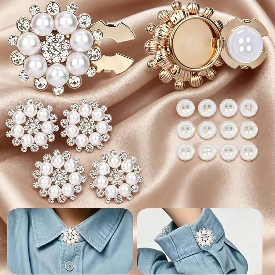 17pcs Unisex Shirt Button Covers, Includes 12 White Sewing Buttons, Detachable Pearl Button Pins For Shirt, Hat And Other Clothing Decoration
