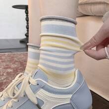 4 Pairs All-Season Striped Rolled Cuff Mid-Calf Socks For Women, Breathable Versatile Slouch Socks - Multicolor - View 10