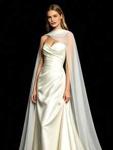 1 Pc White Sheer Chiffon Long Train Bridal Cape Shawl Flowy Shoulder Wrap Cover Up For Wedding Bride Evening Dress Photoshoot Accessory - A - View 2