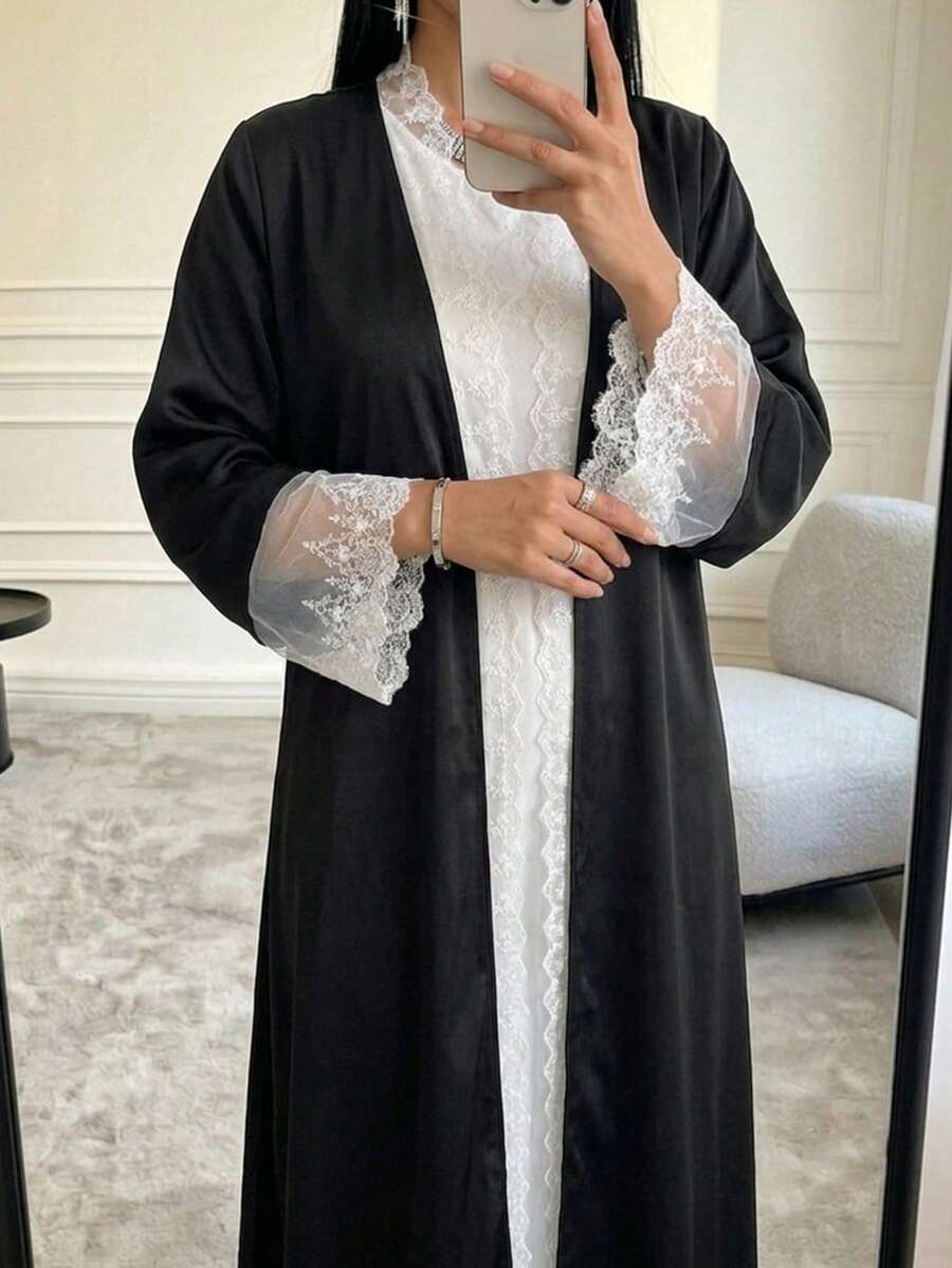 女款優雅長袖對比蕾絲拼接黑色秋季長袍 - 黑色 - 查看 1
