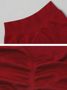 1pc Women's Ribbed Solid Color Seamless Fitted Sports Shorts, Butt-Lifting Ruched Body-Hugging Outdoor Sports Shorts For Running, Yoga And Workout Red - Red - View 3