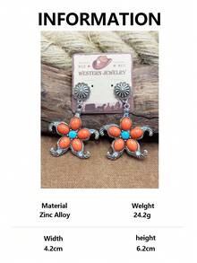 3 styles de boucles d'oreilles à tige vintage western orange-rouge turquoise, forme de tournesol/forme ronde de pièce embossée/forme de croix enroulée, accessoires de cowboy bohème western, convient pour les hauts en denim à décolleté bas, les voyages dans le désert, les tenues de style américain vintage, la combinaison de couleurs orange-rouge + bleu turquoise est la combinaison de couleurs emblématique des bijoux western - Style bohème - Voir 14