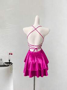 1pc Sexy Satin Backless Halter Neck Elegant Pleated Dress, Suitable For Bar, Party, Home Summer - Hot Pink - View 9