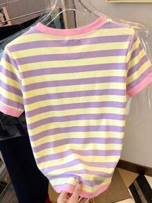 Cocktail Club Striped All-Over Print Fashion Top, Summer, Beach, Women's Casual Round Neck Short Sleeve Minimalist T-Shirt Yellow - Yellow - View 2