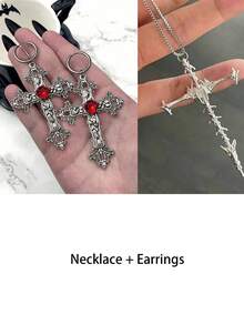 2 piezas Pendientes de cruz de estilo gótico con exagerados cristales de plata, combinados con accesorios de punk rock negro para Halloween - gótico - Ver 13