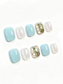 10 pièces Vernis à ongles bleu menthe œil de chat pailleté. Pièce d'art pour ongles courte et ronde, faite à la main, détachable, avec paillettes diamant et sequins blanc crème doux et aurore. Faux ongles de style court doux, simple, décontracté et professionnel, avec de grands sequins jaune-vert. Ongles à presser faits à la main - Multicolore - Voir 3
