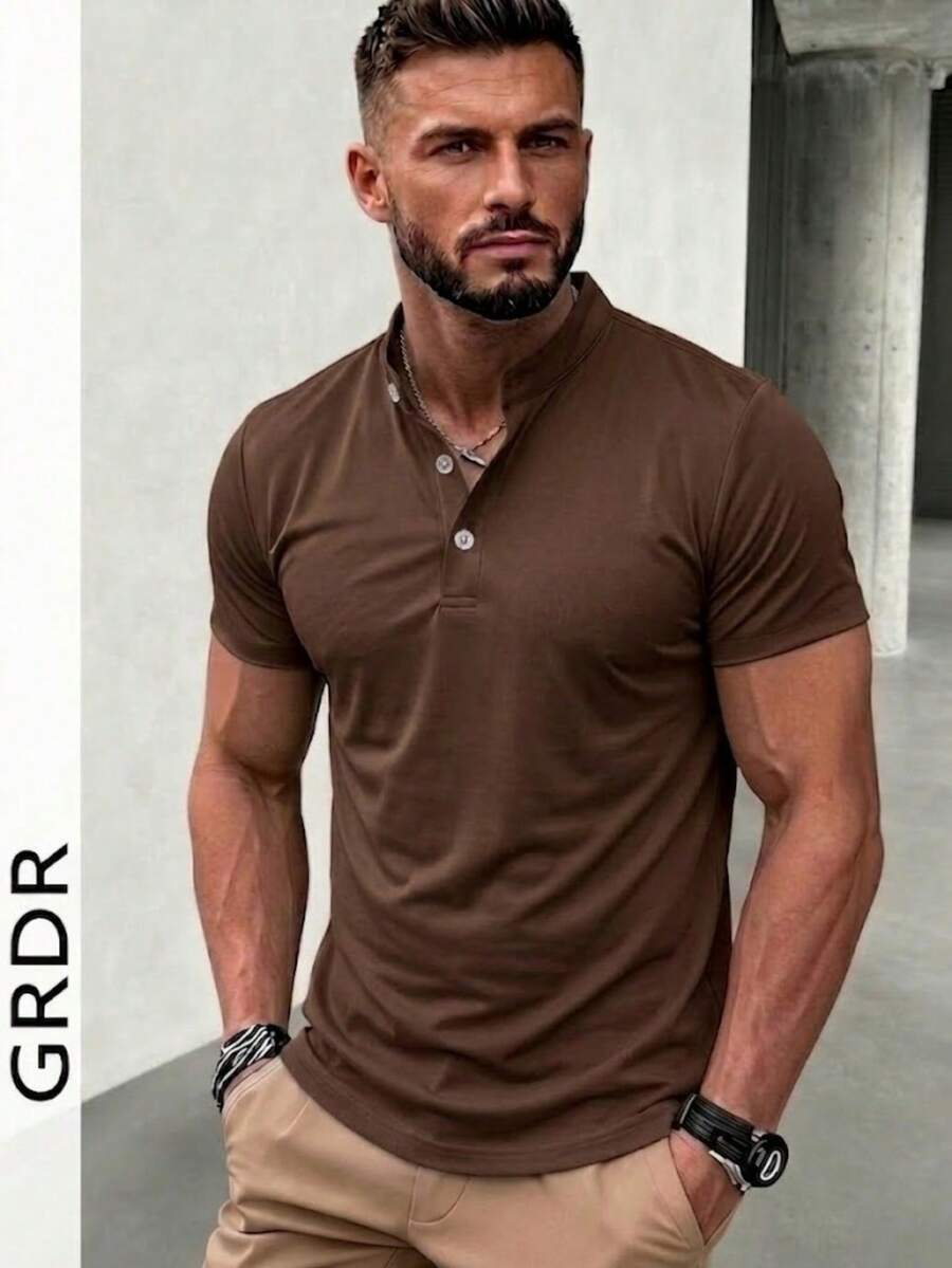GRDR Men's Summer Lightweight Cool Polyester Fabric Fashion Classic Solid Color Henley Neck Short Sleeve, Casual Style Essential Item, Summer Window Display Must-Have - Brown - View 1