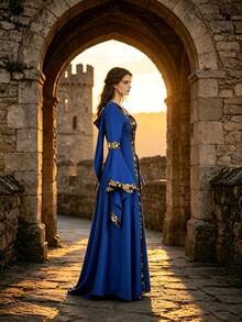 Medieval Vintage Hooded Dress, Square Neck Lace-Up Flare Sleeve Renaissance Maxi Gown With Gold Trim Fall - Blue - View 4