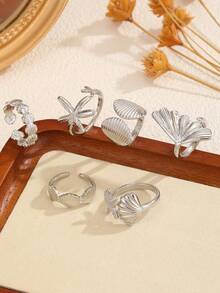6 piezas/Set Anillos asimétricos de estilo oceánico con conchas & estrellas de mar, joyería de moda para mujer, adecuados para uso diario, fiestas y vacaciones - Plateado - Ver 2