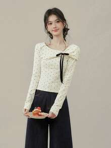 Women's Bow Polka Dot Long Sleeve T-Shirt, Spring New Slim Fit Inner Top - Apricot - View 5