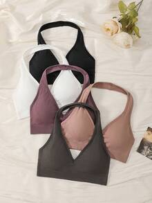 5 Peças Sutiã Halter Sem Fio Respirável para Mulheres, Sutiã Esportivo de Yoga com Costas Cruzadas para Uso Externo - Multicolorido - Visão 2