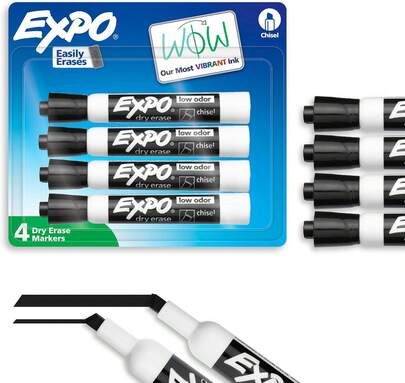 Marcadores de borrado en seco EXPO, tinta de bajo olor, negro, punta de cincel, 4 unidades - Pizarra blanca, calendario, organización, suministros esenciales para oficina, escuela, aula, maestros