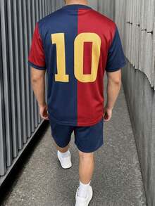 2pcs/Set Teen Boys' Cool Football Style Contrast Color 10 Number Print T-Shirt And Shorts Set - Multicolor - View 2