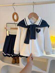Girls Early Autumn Sweet Cute Preppy Style Bow Contrast Color Polo Shirt With Turn-Down Collar Long Sleeve Top + Daily Versatile Pleated Skirt + Decorative Versatile Shawl 3-Piece Set Suitable For Daily, Outdoor, School, Commute, Vacation, Party - Royal Blue - View 1