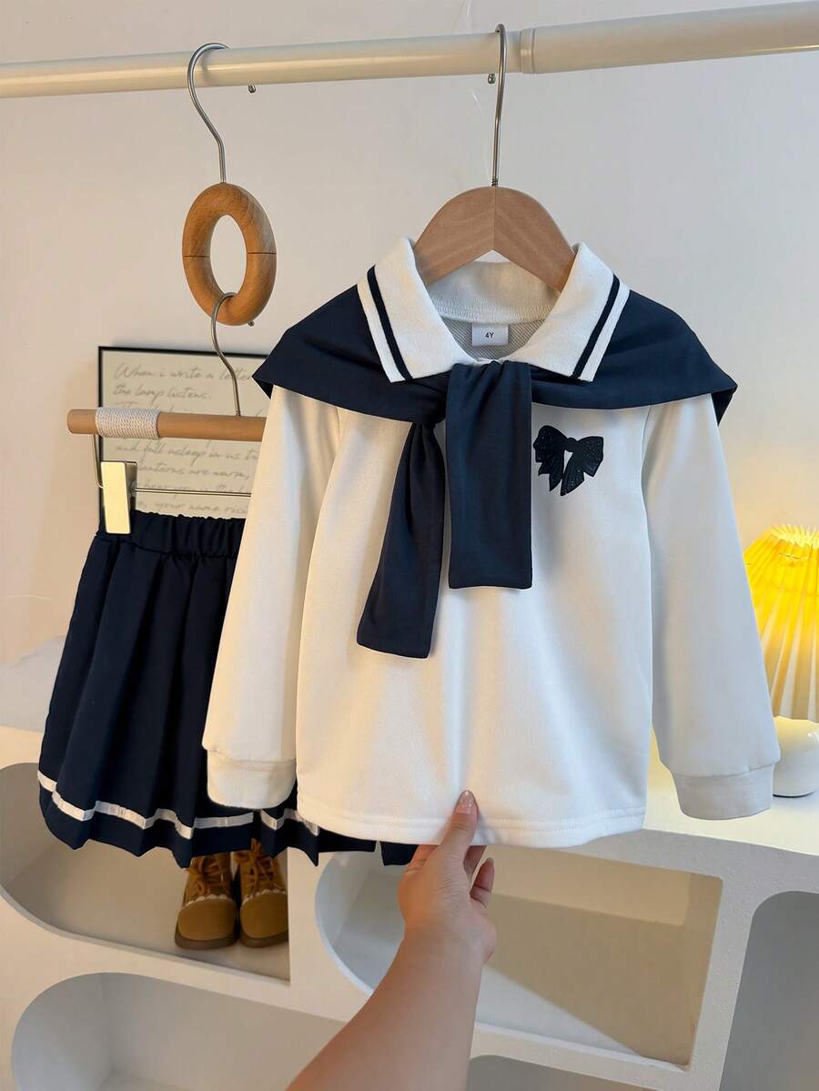 Girls Early Autumn Sweet Cute Preppy Style Bow Contrast Color Polo Shirt With Turn-Down Collar Long Sleeve Top + Daily Versatile Pleated Skirt + Decorative Versatile Shawl 3-Piece Set Suitable For Daily, Outdoor, School, Commute, Vacation, Party - Royal Blue - View 1