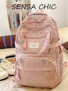 Rosa strukturierter gesteppter Schüler-Rucksack, Mehrfach-Taschen Rucksack mit großer Kapazität, geeignet für den täglichen Schulgebrauch von Teenager-Mädchen, Einkaufen und Wochenendreisen (ohne Anhänger) - Pink - Übersicht 4