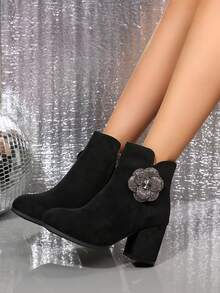 Women's High Heel Ankle Boots, Autumn/Winter New Style, Chunky Heel, Low Shaft, Mid-Heel Boots, Minimalist Commuter Boots - Black - View 2