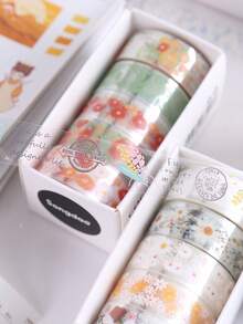 5 Rolls Of Boxed Floral Pattern Handbook Tape, Transparent Waterproof PET Tape, Personalized Fresh Student Handmade DIY Scrapbook Decoration Material Tape,Back To School,School Supplies - Sets - View 7