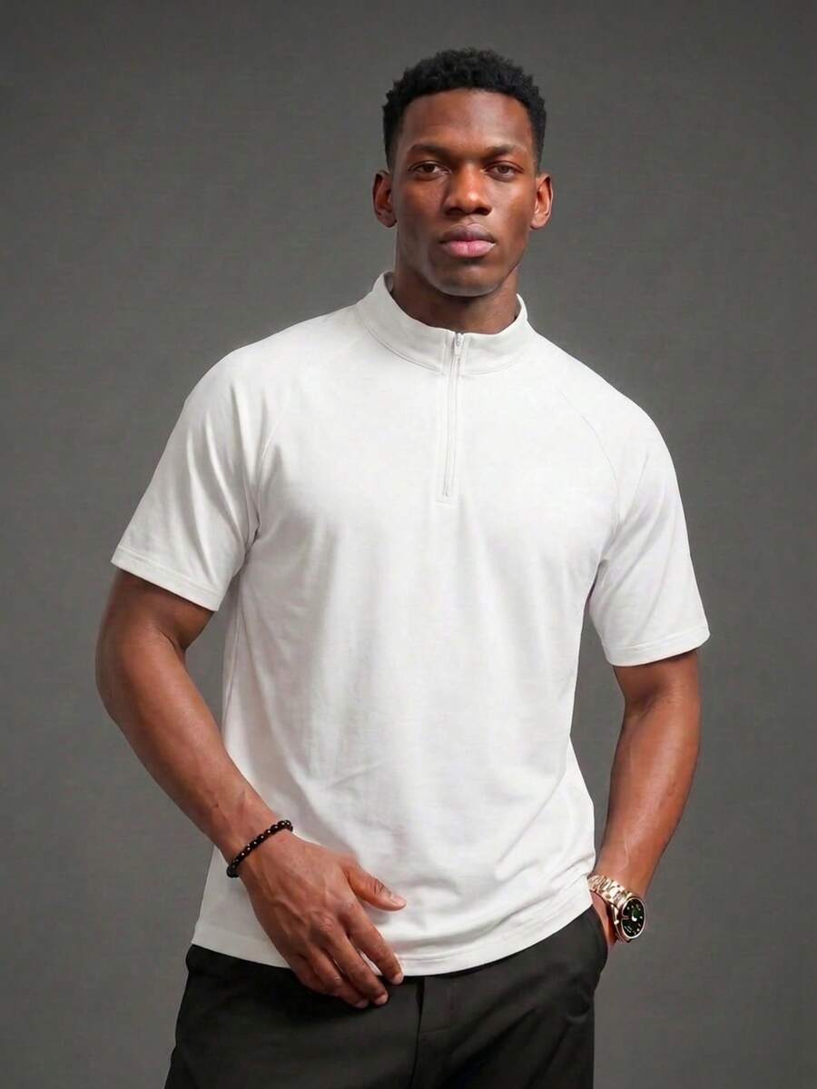 Men's Summer Casual Fashion Raglan Sleeve Zip Collar Short Sleeve T-Shirt - White - View 1