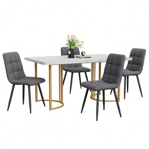 Dining Set (5-Piece), Dining Table With 4 Chairs, Modern Kitchen Table Set, 140*80cm Kitchen Table With Gold Metal Legs, MDF Tabletop In White, Dark Grey Linen Dining Chairs - White - View 1