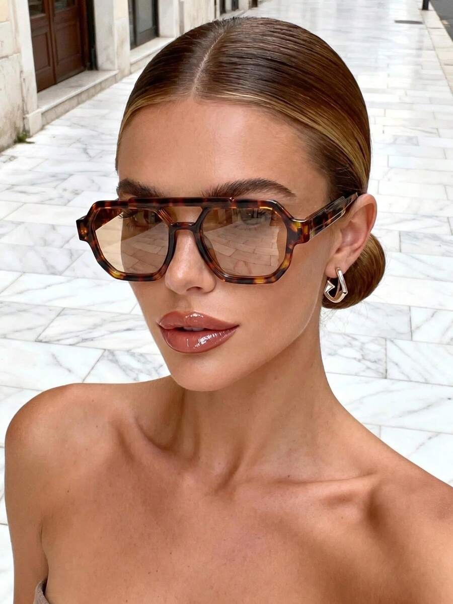 1 Pair Unisex Double Bridge Square Frame Fashion Glasses, Suitable For Vintage Outfits, Street Style, Versatile Fashion Accessory - Flower Tea Slices - View 1