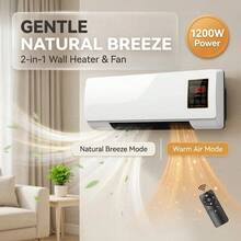 1200W Wall Mounted PTC Ceramic Space Heater With Fan-Only Natural Breeze Mode, Warm Air Heater & Room-Temperature Air Circulator, Remote Control, LED Display, Timer, Adjustable Thermostat, Space Saving For Bedroom, Dorm, Office - White - View 2