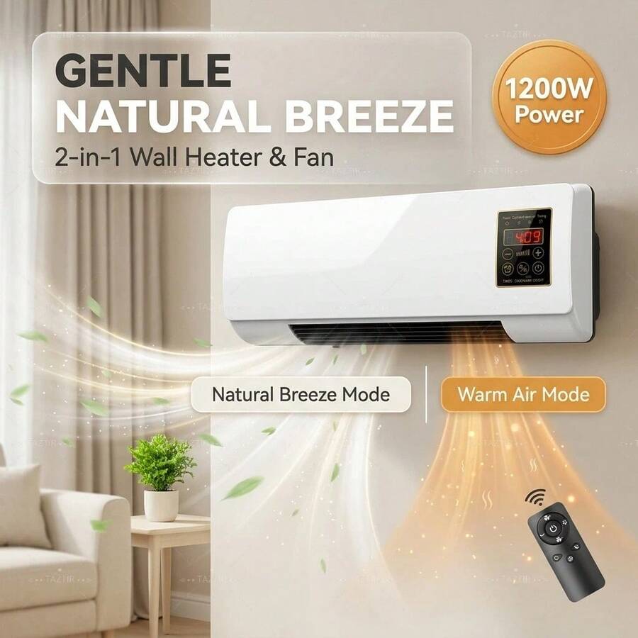 1200W Wall Mounted PTC Ceramic Space Heater With Fan-Only Natural Breeze Mode, Warm Air Heater & Room-Temperature Air Circulator, Remote Control, LED Display, Timer, Adjustable Thermostat, Space Saving For Bedroom, Dorm, Office