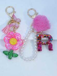 1pc Resin Starry Sky Epoxy Letter Keychain With Black Fur Ball Tassel Decor, Heart Pendant Gift For Friend And Mom - Hot Pink - View 32