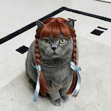 1pc Cat Double Braided Ponytail Wig Brown With Bowknot Bangs Ponytail Pet Costume Wig, Halloween - Coffee Brown - View 7
