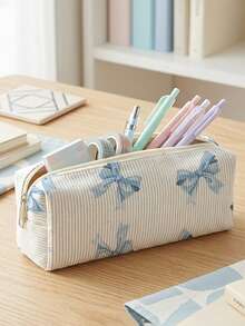 1pc Pencil Case, Stationery Storage Bag, Corduroy Material Bowknot Print Large Capacity Pencil Case For Teenagers, Multi-Function, First Day Of School - Multicolor - View 4