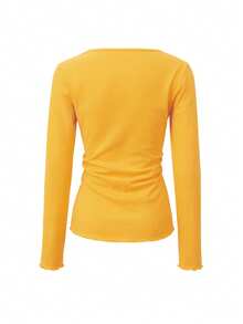 Kaos Lengan Panjang Leher U Gaya Amerika untuk Gadis Seksi dengan Lapisan Dalam dan Pinggang Pas, Warna Kuning - Kuning - View 8