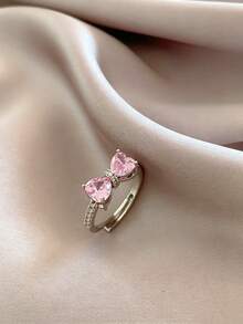 1 buah Cincin Terbuka Berbentuk Hati Warna Pink dengan Hiasan Pita Kristal, Cincin Jari Bertabur Berlian Imitasi Warna Perak yang Dapat Disesuaikan dan Dapat Ditumpuk, Perhiasan Wanita - Perak - View 4