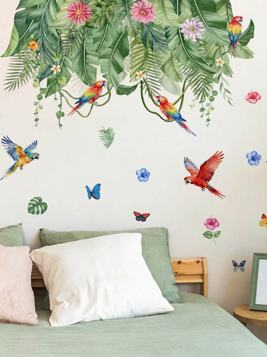 1pc Tropical Vine Parrot Flower Butterfly Wall Decor Sticker, Removable Room Decoration Wall Decal For Bedroom And Living Room - 1PC - View 1
