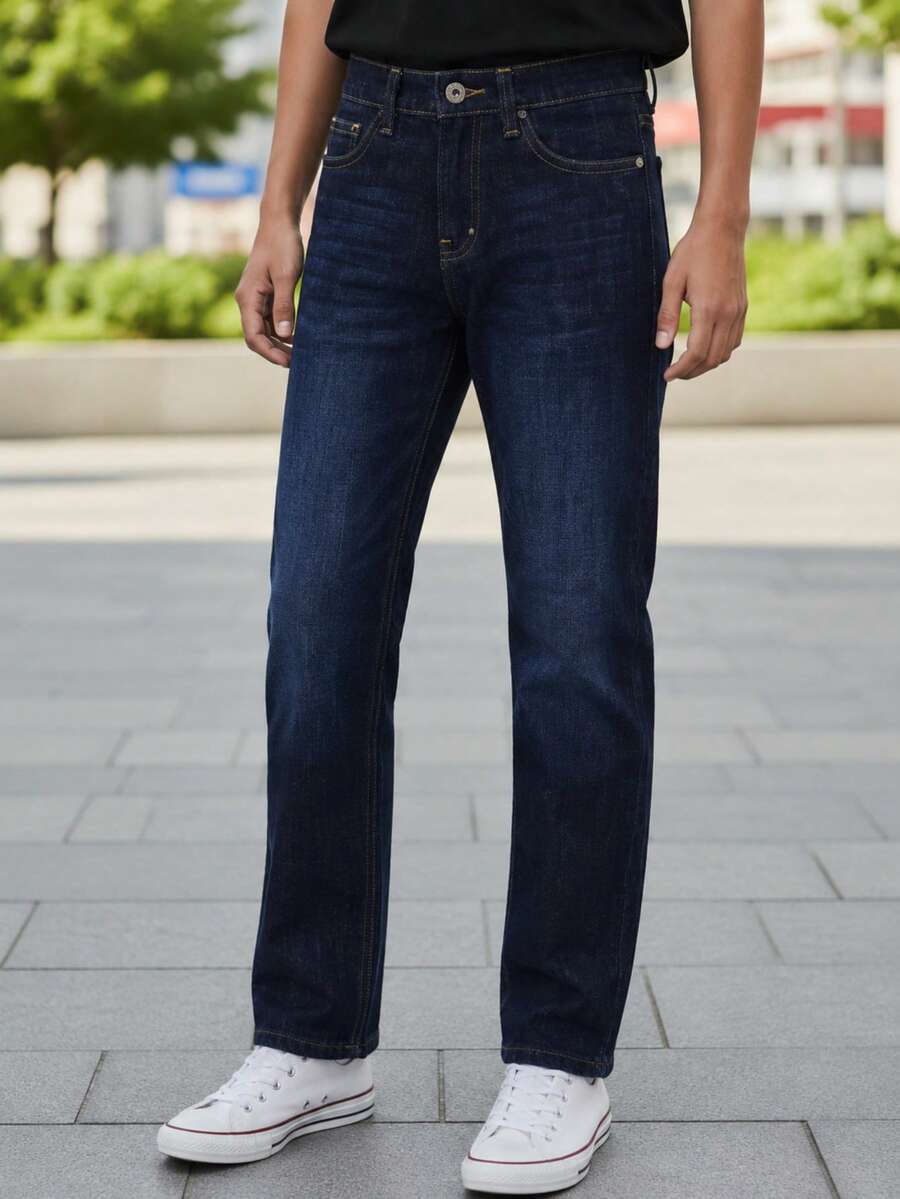 CHUEKITOS. Pantalón de mezclilla para niño corte vaquero, deslavado y con bigotes, con ajustador en la cintura - Azul - Ver 1