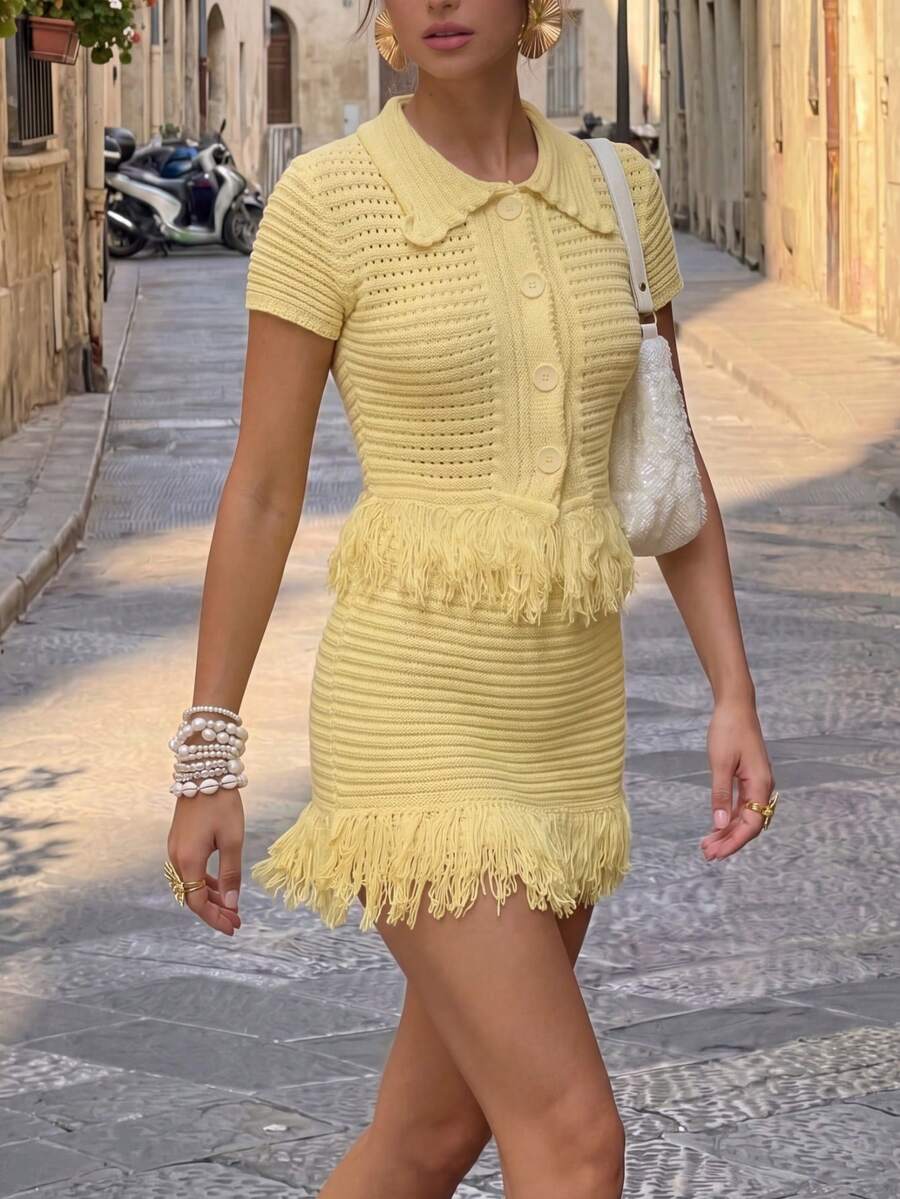 Y2K Women's 2-Piece Crochet Knit Set: Short Sleeve Button-Up Top + Ruffled Hem Mini Skirt, Perfect For Bohemian Style Cocktail Parties, Night Outings And Autumn Outfits. Size Runs Large, Recommend Choosing One Size Down - Yellow - View 1