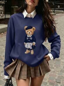 Cute Academy Style Bear Pattern Pullover Sweatshirt, Long Sleeve Ribbed Crew Neck Knit Fabric, Suitable For Autumn Wear, Comfortable And Versatile - Navy Blue - View 3