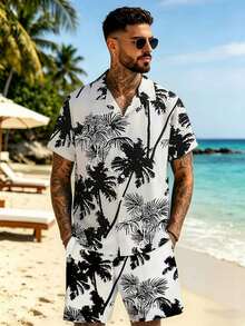 2pcs/Set Men's Casual Patterned Short Sleeve Polo Collar Shirt And Shorts Set For Summer,Hawaiian - Multicolor - View 1