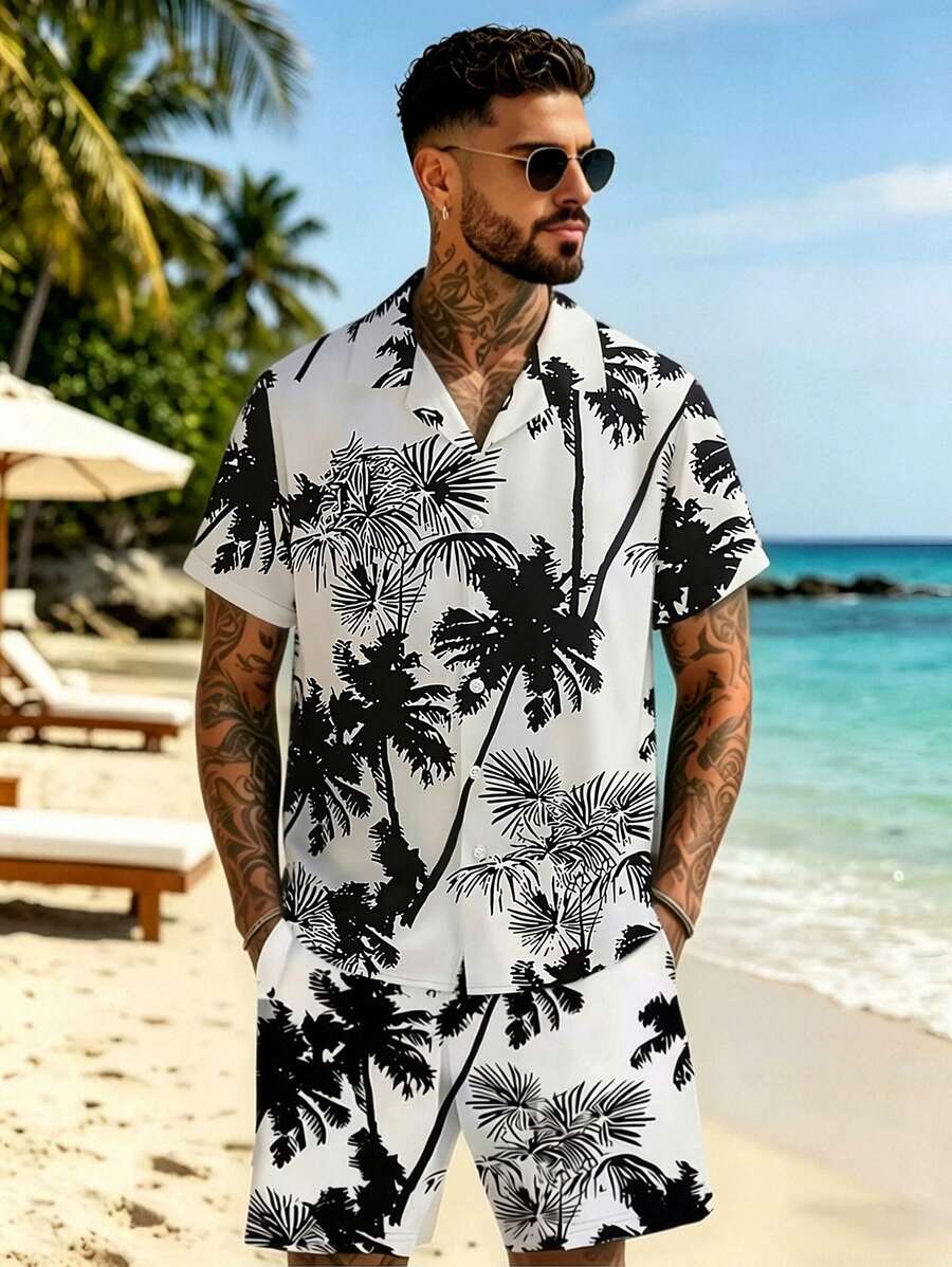 2pcs/Set Men's Casual Patterned Short Sleeve Polo Collar Shirt And Shorts Set For Summer,Hawaiian - Multicolor - View 1