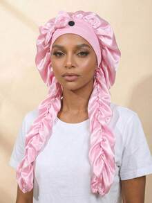 1pc Women's Satin Bow Long Braid Sleep Cap, Adjustable Snap Button Sleep Cap, Suitable For Curly Hair, Silky Anti-Static Night Headwrap, Sleep Hair Care Cap - Multicolor - View 12