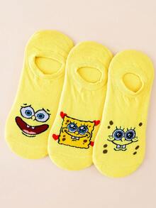 SpongeBob SquarePants 3/6雙可愛卡通圖案加強趾尖與足跟舒適短襪，男女通用，適合四季、學校與戶外運動，夏冬皆宜，黃色海綿圖案 - 彩色 - 查看 9