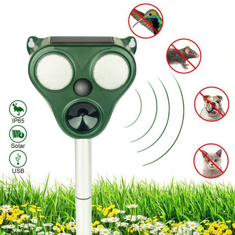 Solar And USB-Powered Cat Repellent For Gardens, Ultrasonic Fox Deterrent With Motion Sensor And LED Flash, Waterproof Scarecrow For Cats, Foxes, Squirrels, Rabbits, And Dogs - Army Green - View 1