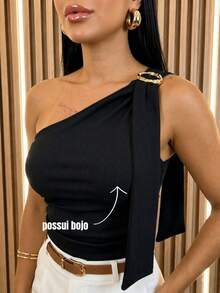 Women's Asymmetrical One-Shoulder Blouse With Padded Cups In Plain Ribbed Fabric - Casual, Basic, And Elegant - 黑色 - 查看 2
